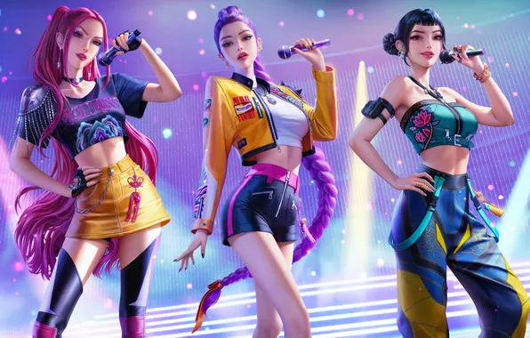 Picture long hair, ponytail, Zoey, Mira, casual, looking at viewer, Wickellia, women trio