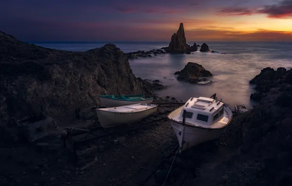 Picture sea, sunset, rocks, shore, boat