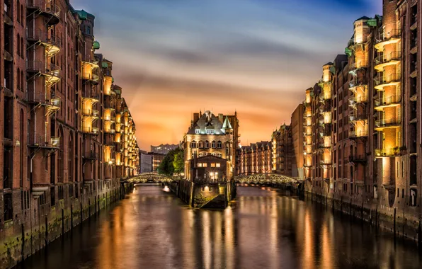 Picture the city, river, home, channel, Germany, the Warehouse District in Hamburg