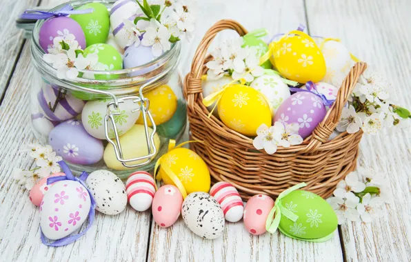 Picture flowers, eggs, spring, colorful, Easter, happy, wood, blossom