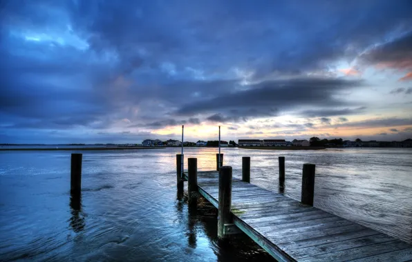 The sky, sunset, clouds, river, island, home, the evening, bridges