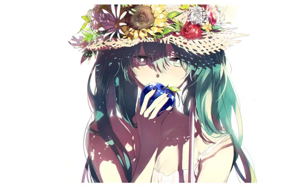 Picture sunflowers, flowers, face, apples, hat, white background, vocaloid, hatsune miku