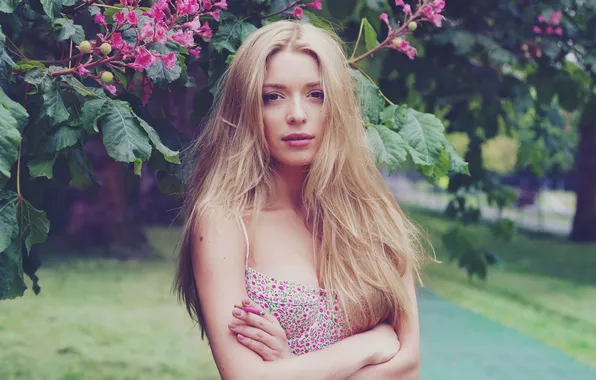 Leaves, girl, trees, flowers, blonde