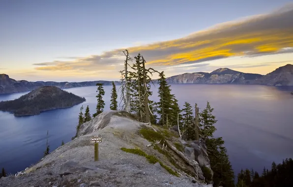 Trees, landscape, mountains, lake, sign