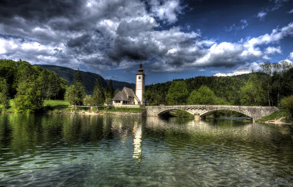 Picture forest, clouds, trees, mountains, bridge, lake, house, shore