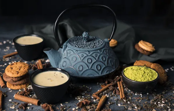 Picture tea, kettle, cookies, fabric, cinnamon, match, cocoa, spices