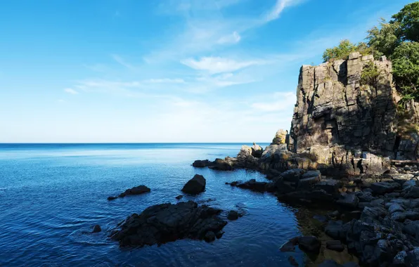 Sea, the sky, trees, stones, rocks, shore, Denmark, horizon