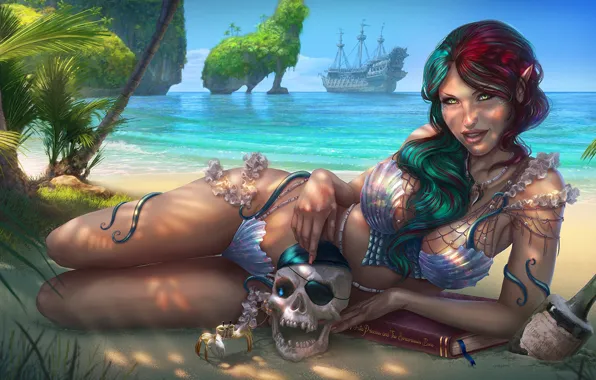 Picture beach, girl, shore, ship, skull