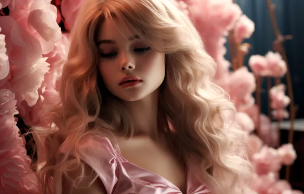 Girl, flowers, blonde, pink, sitting, cutie, long hair, in pink