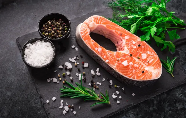 Food, fish, dill, parsley, seafood, spices, rosemary