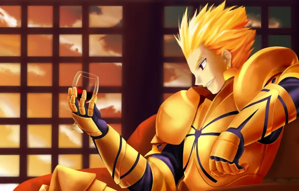 Wine, glass, guy, Gilgamesh, Archer, Fate stay night, The fate of the beginning, Golden armor