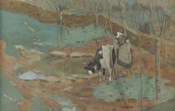 Picture figure, watercolor, Woman and cow in a landscape, Frederick Carl Frieseke