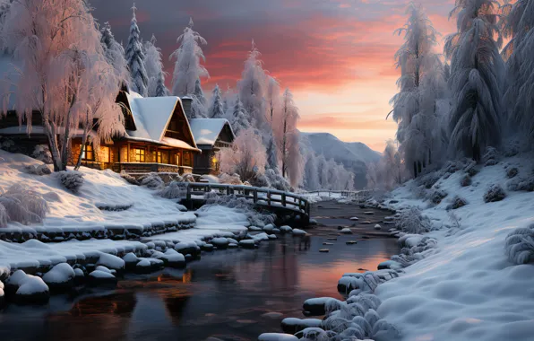 Winter, frost, forest, snow, sunset, mountains, house, river