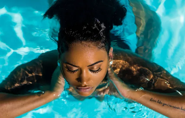 Water, face, pool, hands, tattoo