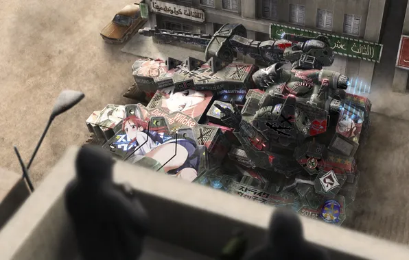 Machine, weapons, people, figure, building, robot, tank