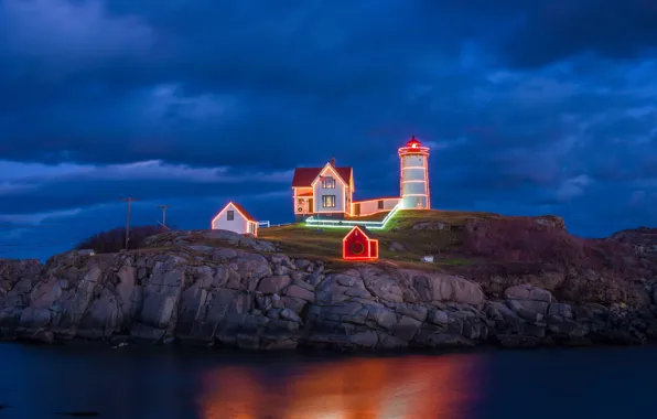 Picture lights, holiday, lighthouse, Christmas, USA, Man, Nabble Island