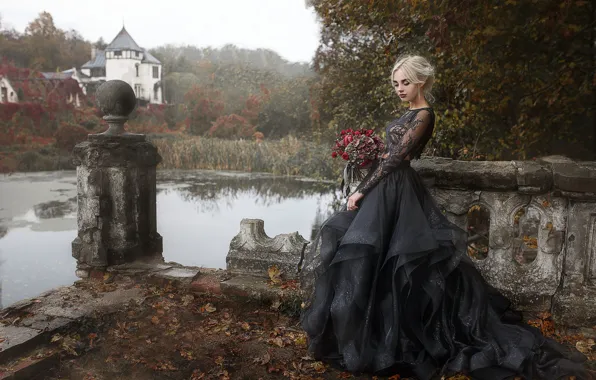 HOUSE, DRESS, FLOWERS, POND, BOUQUET, AUTUMN, photographer Damien Prokhorov, Valeria 's model