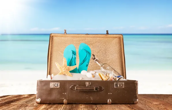 Sand, sea, Board, bottle, shell, suitcase, slates, starfish