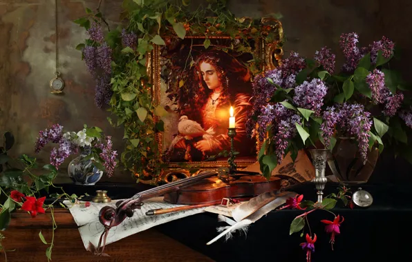 Flowers, notes, violin, picture, candles, still life, lilac