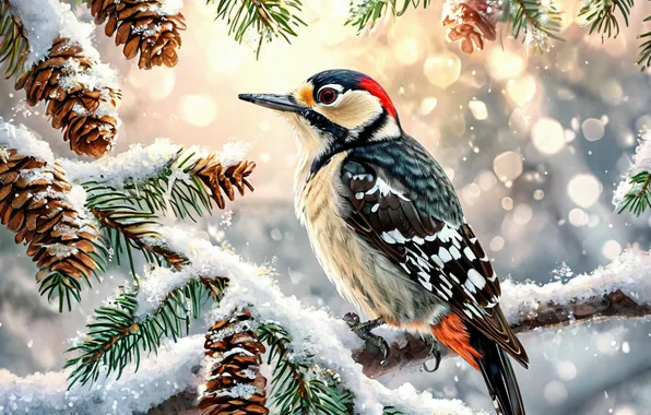 Winter, Bird, New year, Woodpecker