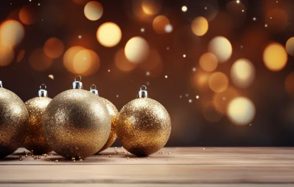 Balls, lights, background, Christmas, New year, gold plated, gold, bokeh