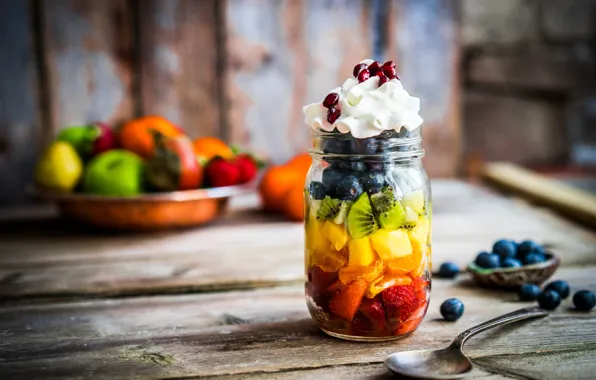 Berries, kiwi, blueberries, strawberry, Bank, pineapple, cream, dessert