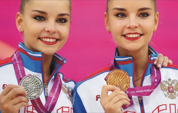 Sport, pair, smile, beauty, sisters, rhythmic gymnastics, gymnasts, best