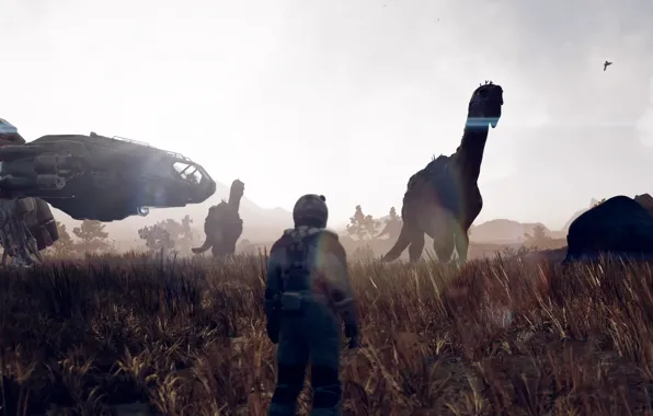 Animals, grass, people, ship, planet, the suit, dinosaurs, starfield