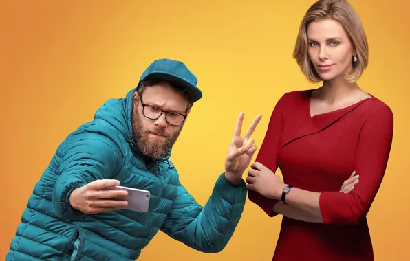 Pose, Charlize Theron, dress, glasses, jacket, blonde, cap, beard