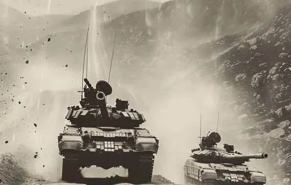 Mountains, Smoke, Retro, Helicopter, Tanks, Digital art, Black and white, AI art