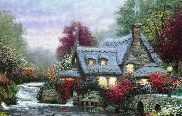 Brook, flowers, thomas kinkade, duck, The Miller's cottage Thomashire