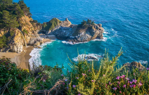 Sea, rock, coast, waterfall, CA, USA, Big Sur