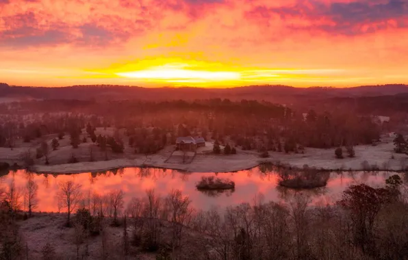 Winter, forest, the sky, clouds, sunset, mountains, nature, reflection