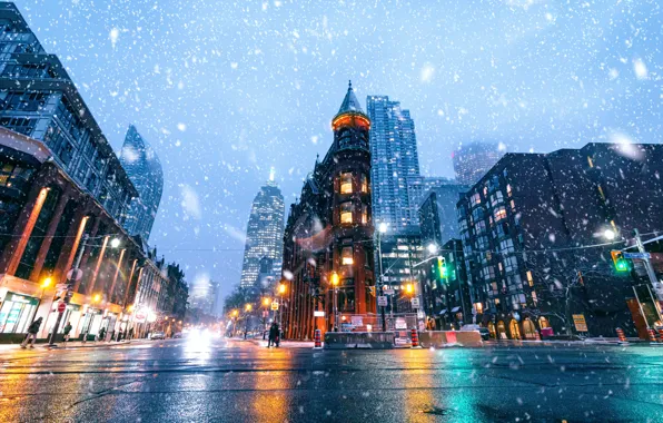 Lights, people, building, New York, lights, USA, USA, snowfall