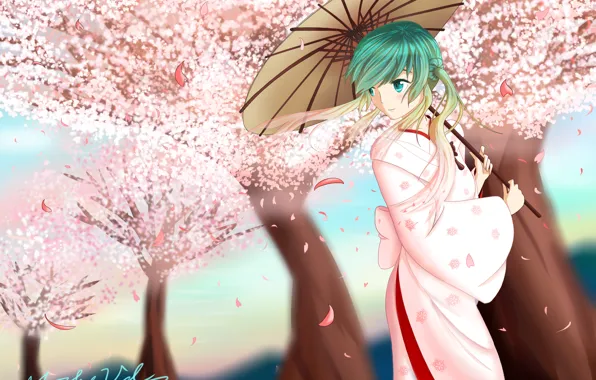 Girl, trees, umbrella, petals, Sakura, art, kimono, vocaloid