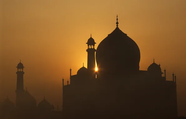 Sunset, India, Taj Mahal, silhouette, mosque, the mausoleum, the minaret, Agra