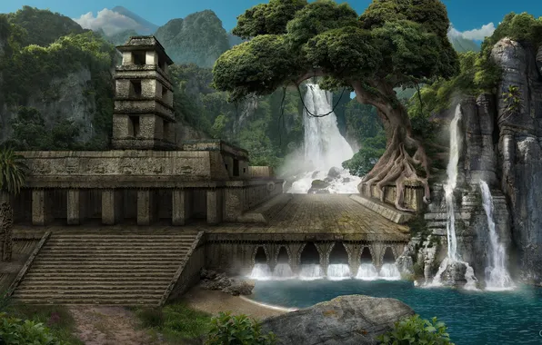 Picture trees, building, waterfall, art, ladder, temple, ruins