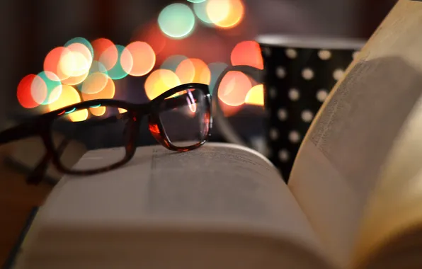 Glasses, Book, Cup, Bokeh
