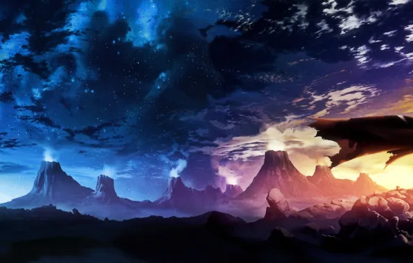 The sky, stars, landscape, mountains, sword, katana, cloak, rag