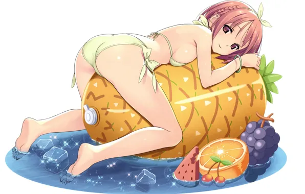 Orange, grapes, pineapple, in the water, inflatable mattress, ice cubes, in bikini, lying girl