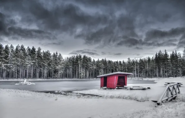 Winter, lake, house