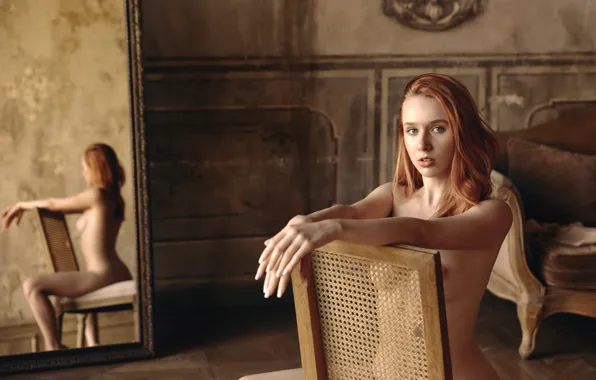 Ass, model, chair, women, redhead, reflection, naked, chest