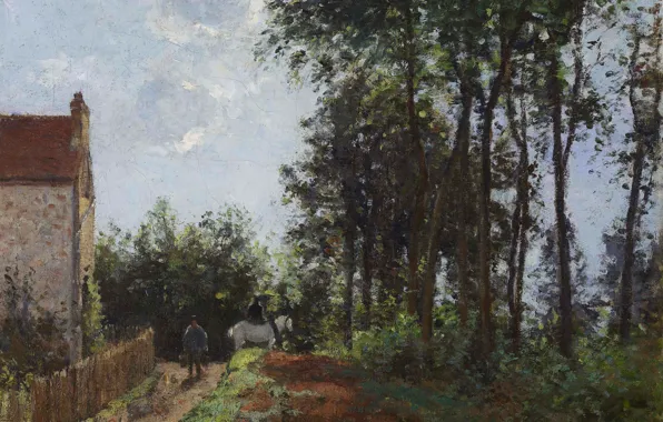 Picture trees, landscape, home, picture, Camille Pissarro, The road at the Farm