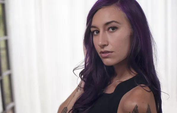 Girl, model, Moon, tattoo, purple hair