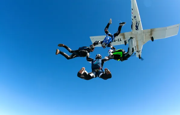 Picture the sky, the plane, parachute, container, helmet, skydivers, parachuting, the freefly