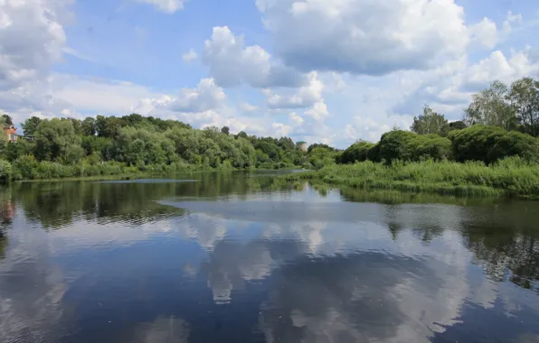 The sky, clouds, surface, reflection, river, Russia, Pskov