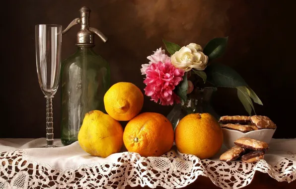 Glass, flowers, sweet, fruits, sweets, Still life, oranges, peonies