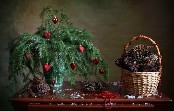 Picture decoration, branches, holiday, basket, toys, new year, spruce, beads