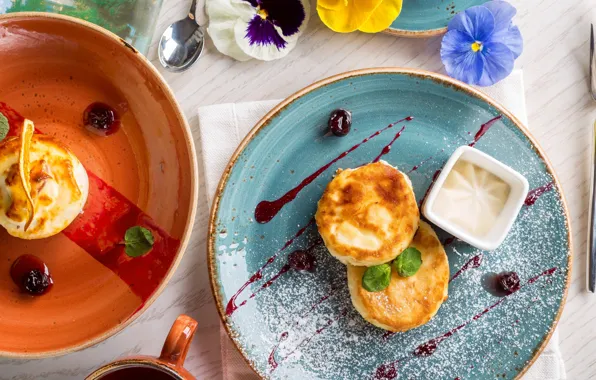 Flowers, Breakfast, plate, cheesecakes