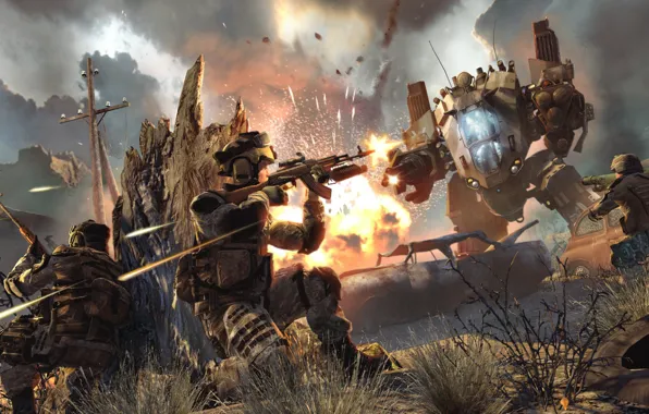 The explosion, war, the game, robot, soldiers, shooting, warface